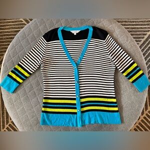 MISOOK Med Black & White Striped V Neck Button Down 3/4 Sleeve Cardigan Orig$250